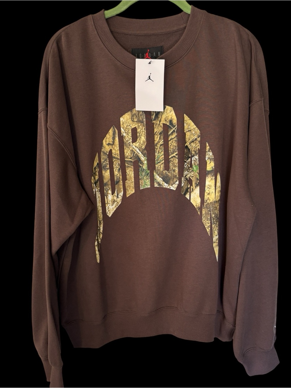 Jordan Brown Crewneck Oversized Sweatshirt with Camo-Pattern Logo